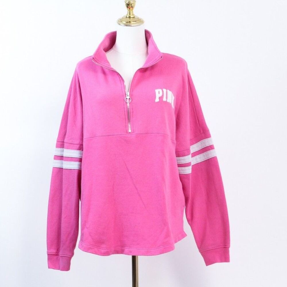 Pink Victoria's Secret Womens M Sweatshirt Vibrant Pink Fleece 1/4 Zip Mock Neck